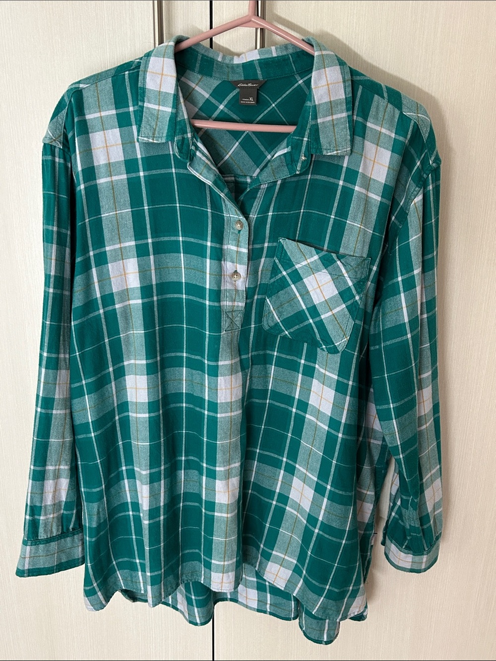 Eddie Bauer Flannel Green Plaid Half-Button Shirt